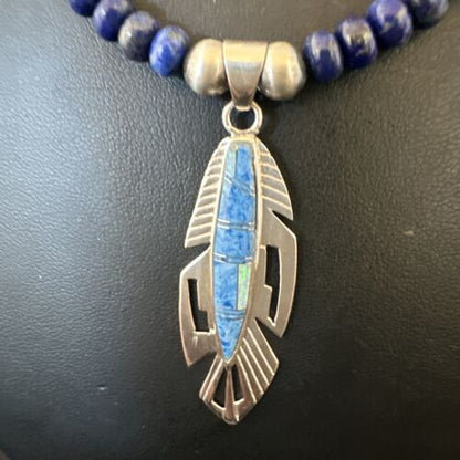 Navajo Blue Denim Lapis Feather Pendant Necklace | Sterling Silver Inlay | Authentic Native American Handmade | 16767
