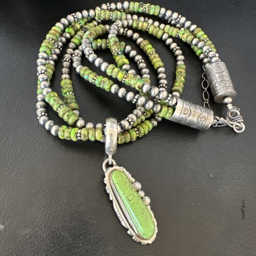 Navajo Pearl Green Gaspeite Turquoise Pendant Necklace Set | Sterling Silver | 3-Strand | 16094