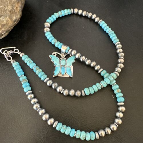 Navajo Butterfly Blue Ridge Turquoise Inlay Pendant Necklace | Sterling Silver | Native American Handmade | 16486
