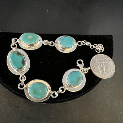 Navajo Blue Turquoise Link Bracelet | Sterling Silver | 8" | Authentic Native American Handmade | 15477