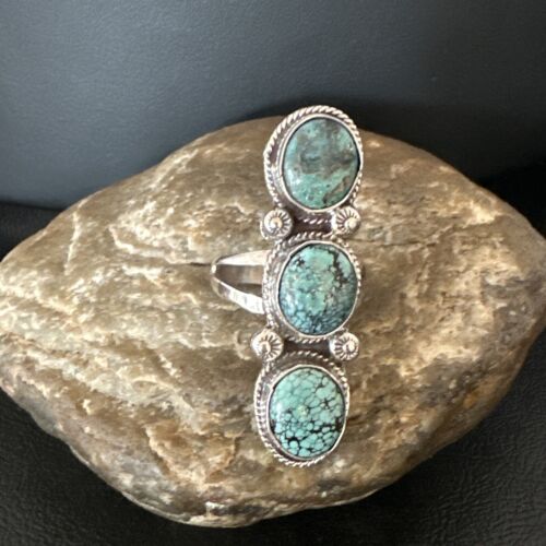 Navajo Blue Spiderweb Turquoise 3-Stone Ring | Authentic Native American Sterling Silver | Multi-Stone | Sz 9 | 16706
