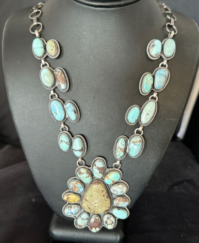 Navajo Blue Golden Hills Turquoise Lariat Necklace Pendant | Sterling Silver | Native American Handmade | 16182