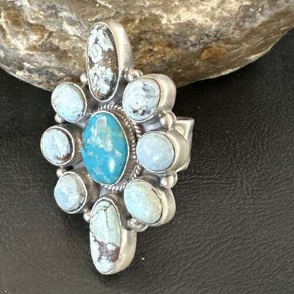Navajo Golden Hills Turquoise Cluster Ring | Authentic Native American Sterling Silver | Multi-Stone | Sz 8.5 | 16285