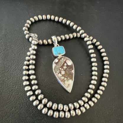 Navajo Wild Horse | Blue Kingman Turquoise Necklace | Sterling Silver | Authentic Native American Handmade | 17310
