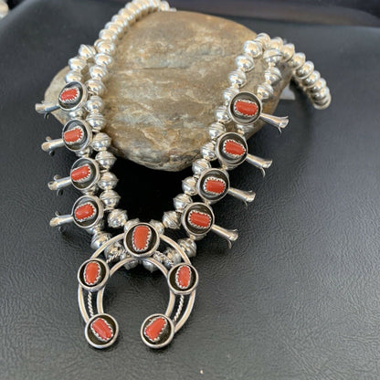 Navajo Coral Squash Blossom Necklace & Earrings | Sterling Silver Shadow Box | Authentic Native American Handmade | 10888