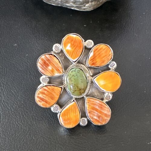 Navajo Green Turquoise Spiny Multi-Stone Cluster Ring | Authentic Native American Sterling Silver | Sz 10.5 | 16717 - Masha USA