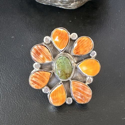Navajo Green Turquoise Spiny Multi-Stone Cluster Ring | Authentic Native American Sterling Silver | Sz 10.5 | 16717 - Masha USA