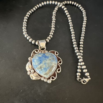 Men's Blue Heart Denim Lapis Pendant | Navajo Pearls Sterling Silver Necklace 21" | 15523