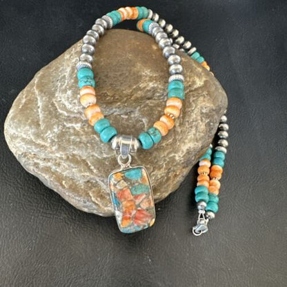 Navajo Spiny Turquoise Pendant Necklace | Sterling Silver | 21" | Authentic Native American Handmade | 17513