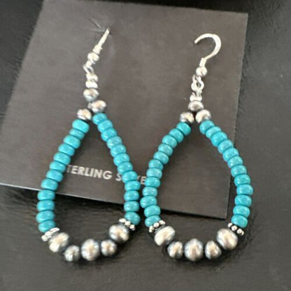 Navajo Teal Blue Turquoise 4mm Bead Earrings | Sterling Silver Pearls | 2" | Authentic Native American Handmade | 16823