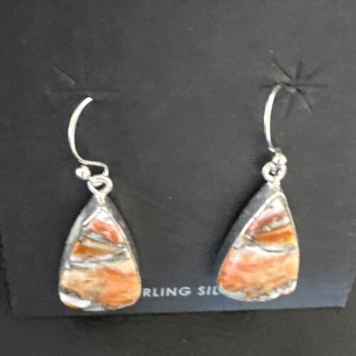 Navajo Blue Turquoise & Orange Spiny Oyster Inlay Dangle Earrings | Sterling Silver | Native American Handmade | 15581