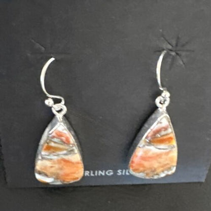 Navajo Blue Turquoise & Orange Spiny Oyster Inlay Dangle Earrings | Sterling Silver | Native American Handmade | 15581