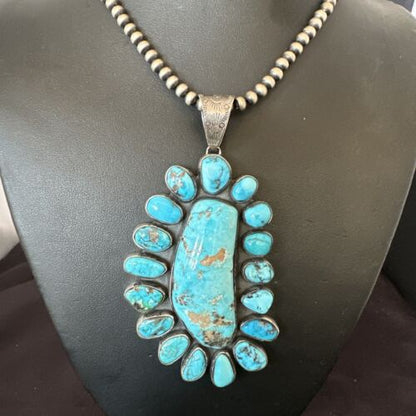 Navajo Blue Kingman Turquoise Cluster Pendant Necklace | Sterling Silver | Authentic Native American Handmade | 16794
