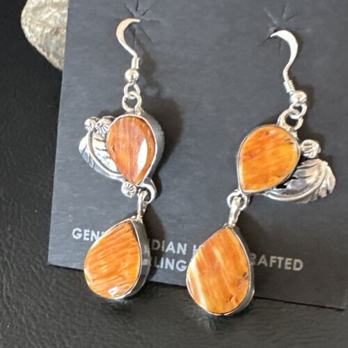 Navajo Orange Spiny Oyster Dangle Earrings | Sterling Silver | 1.5" | Authentic Native American Handmade | 16567