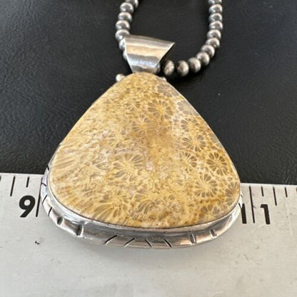 Navajo Pearls Champagne Fossil Coral Pendant Necklace | Sterling Silver Beads | Native American Handmade | 16372
