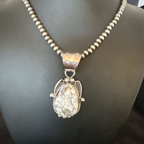 Navajo White Buffalo Turquoise Pendant | Pearl Sterling Silver Necklace | Authentic Native American Handmade | 17043