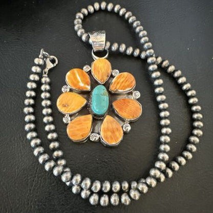 Navajo Blue Turquoise | Spiny Oyster Pendant Necklace | Sterling Silver | Multi-Stone | 16860