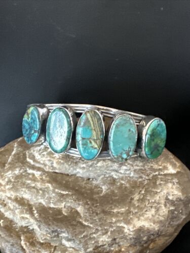 WoMen Blue Arizona Turquoise Navajo Sterling Silver 5 Stone Cuff Bracelet 16166