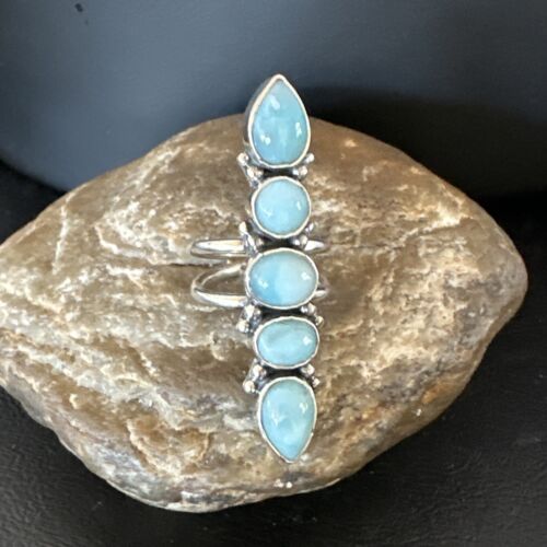 Navajo Blue Larimar Cluster Ring | Authentic Native American Sterling Silver | Multi-Stone | Sz 8.5 | 15935