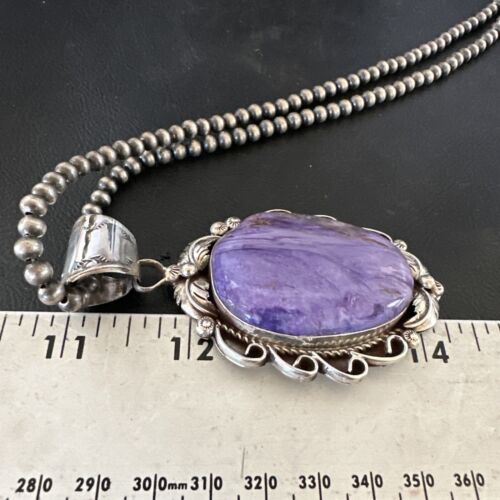 Navajo Purple Charoite Pendant with Pearls | Sterling Silver Necklace | Authentic Native American Handmade | 16654