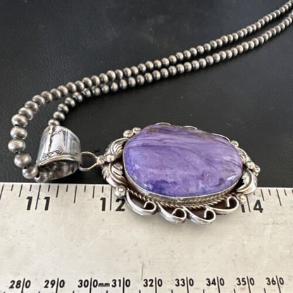 Navajo Purple Charoite Pendant with Pearls | Sterling Silver Necklace | Authentic Native American Handmade | 16654