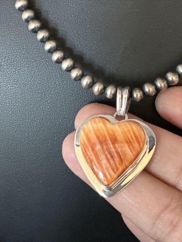 Navajo Orange Heart Spiny Oyster Pendant | Sterling Silver Necklace | Authentic Native American Handmade | 15006