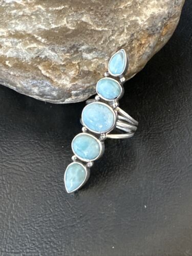 Navajo Blue Larimar Cluster Ring | Authentic Native American Sterling Silver | Multi-Stone | Sz 7 | 16156
