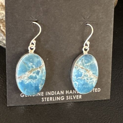 Navajo Blue Turquoise Dangle Earrings | Sterling Silver | Authentic Native American Handmade | 15434