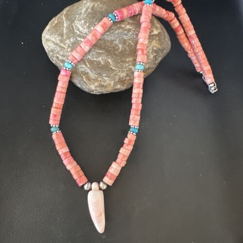 Navajo Sterling Silver Necklace | Pink Coral & Blue Turquoise Naja Pendant | 18" | 15043