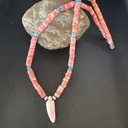 Navajo Sterling Silver Necklace | Pink Coral & Blue Turquoise Naja Pendant | 18" | 15043