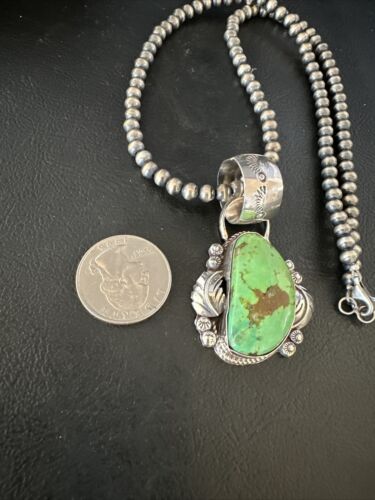 Navajo Green Gaspeite Pendant Necklace | Sterling Silver | Authentic Native American Handmade | 14998