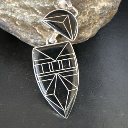 Navajo Sterling Silver Pendant with Black Onyx Inlay | Authentic Native American Handmade | 2.75"