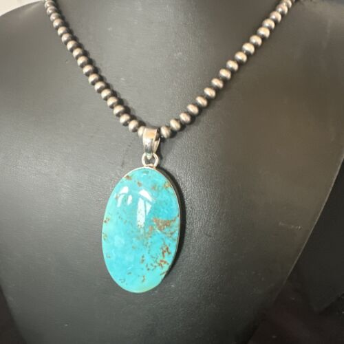 Navajo Blue Kingman Turquoise Pendant Necklace | Sterling Silver | 20" | Authentic Native American Handmade | 16694