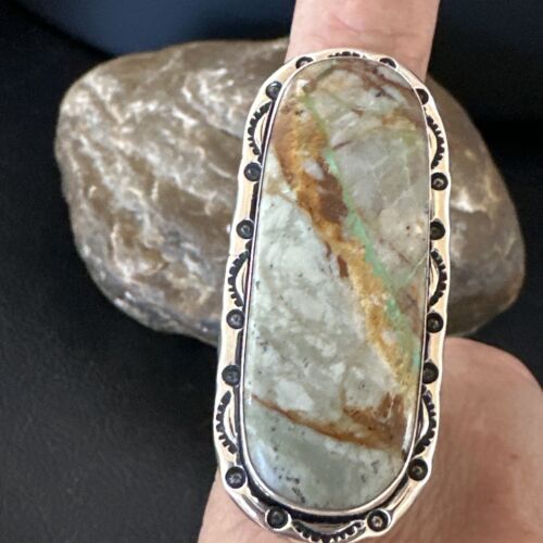 Navajo Ribbon Boulder Green Turquoise Ring | Sterling Silver | Sz 10 | Authentic Native American Handmade | 16255