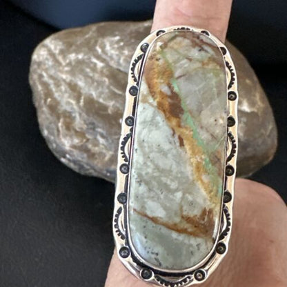 Navajo Ribbon Boulder Green Turquoise Ring | Sterling Silver | Sz 10 | Authentic Native American Handmade | 16255