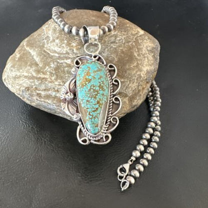 Navajo Blue Turquoise #8 Pendant | Sterling Silver Pearls Necklace | Authentic Native American Handmade | 15899