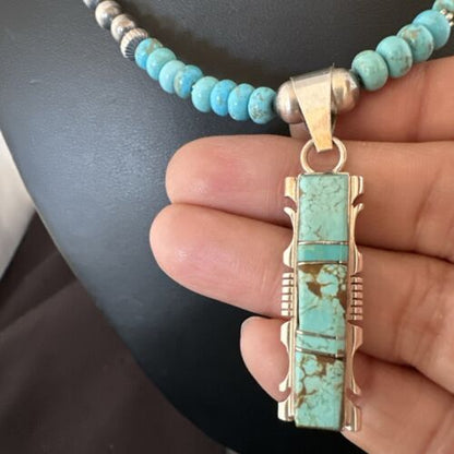 Turquoise #8 Inlay Pendant Necklace | Navajo Sterling Silver | Authentic Native American Handmade | 17072