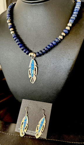 Navajo Opal Feather Multi-Color Lapis Pendant Necklace & Earring Set | Sterling Silver | Authentic Native American Handmade | 15031