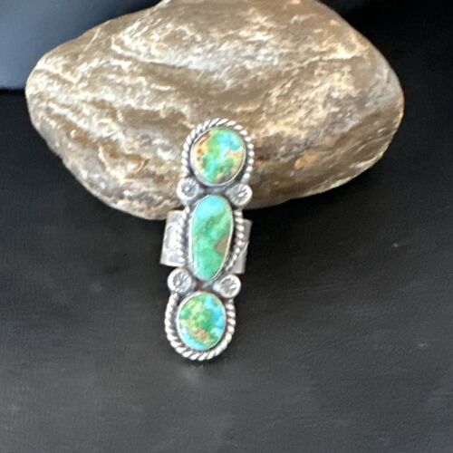 Navajo Green Sonoran Gold Turquoise Multi-Stone Ring | Authentic Native American Sterling Silver | Sz 8 | 16289