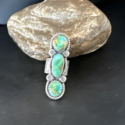 Navajo Green Sonoran Gold Turquoise Multi-Stone Ring | Authentic Native American Sterling Silver | Sz 8 | 16289
