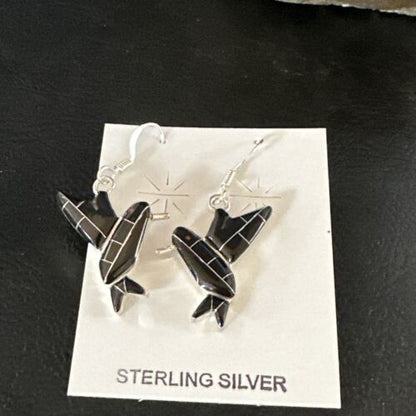 Navajo Black Onyx Hummingbird Earrings | Sterling Silver | 1" | Authentic Native American Handmade | 15090