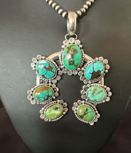 Men's Blue Spiderweb Turquoise Naja Pendant Necklace | Navajo Sterling Silver | 16950