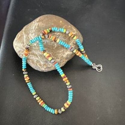 Navajo Blue Turquoise Spiny Oyster Necklace | Sterling Silver | 19" | Authentic Native American Handmade | 17490