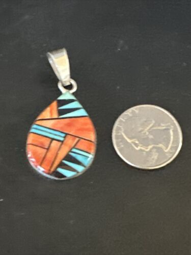 Women's Blue Turquoise & Spiny Oyster Inlay Pendant | Navajo Sterling Silver | Authentic Native American Jewelry | 15196