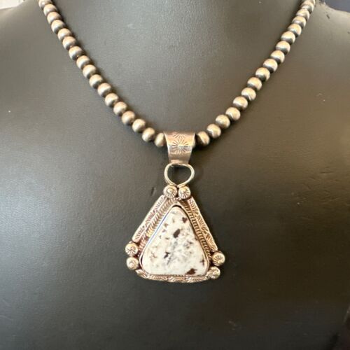 White Buffalo Turquoise Pendant | Navajo Pearls | Sterling Silver Necklace 21" | 17110