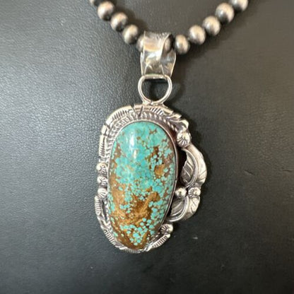Navajo Blue Turquoise #8 Pendant | Sterling Silver Necklace with Pearls | Authentic Native American Handmade | 15903