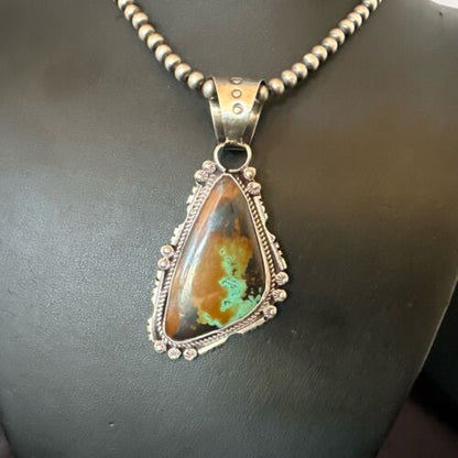 Men's Navajo Green Turquoise Pendant Necklace | Sterling Silver | Authentic Native American Handmade | 17530