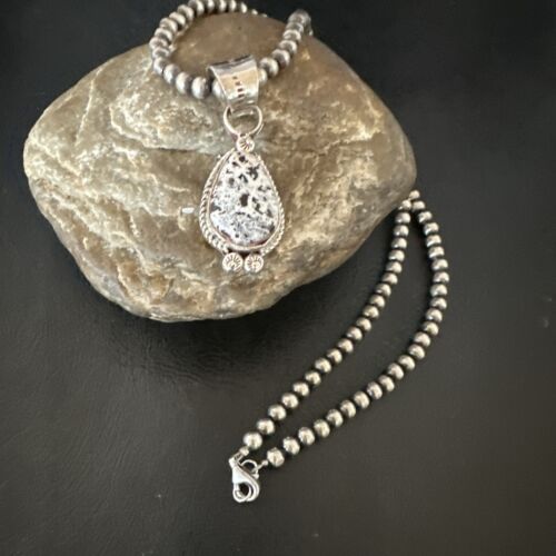 Men's White Buffalo Turquoise Pendant | Navajo Pearls Sterling Silver Necklace 21" | 17333