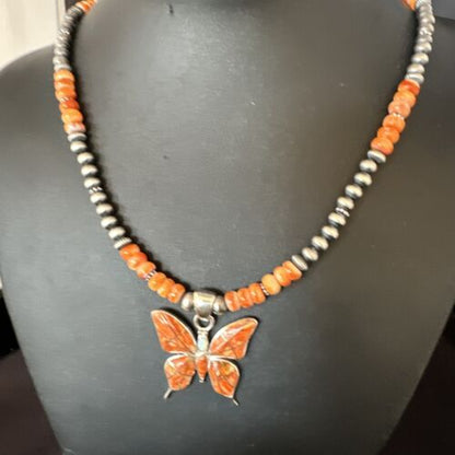 Navajo Butterfly Orange Spiny Oyster Inlay Sterling Silver Pendant Necklace | 15428
