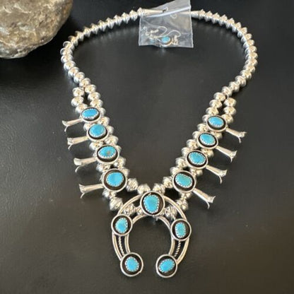 Navajo Kingman Turquoise Squash Blossom Necklace | Sterling Silver | 17" | Authentic Native American Handmade | 16110